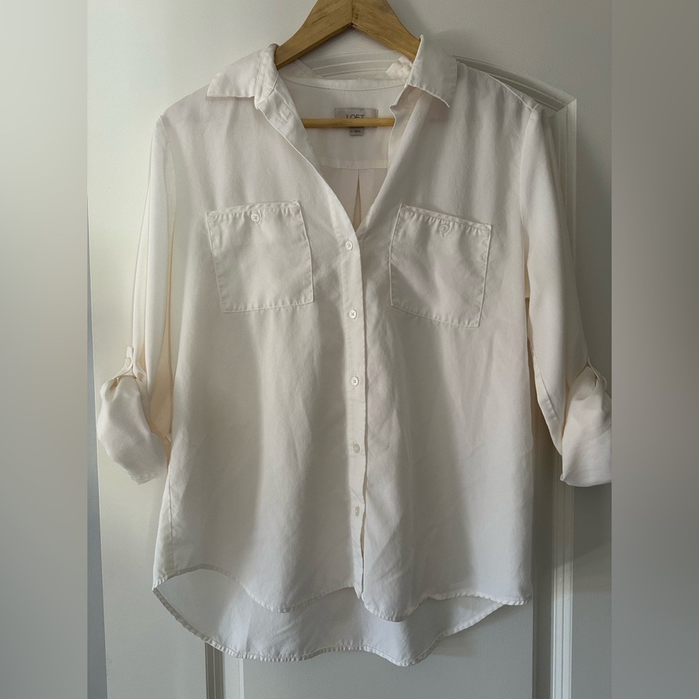 Loft ivory Cream Button-Up Shirt roll tab sleeves